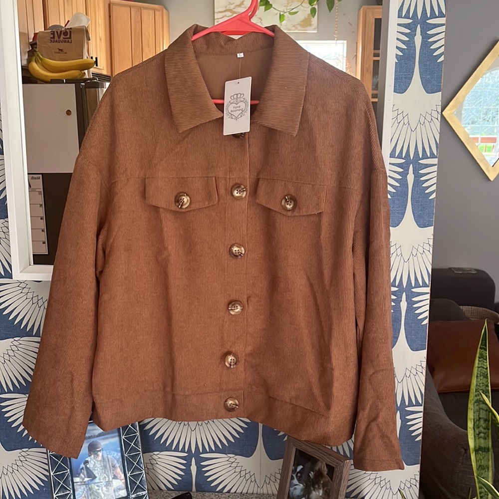 Floral Blooming Corduroy Shacket Jacket NWT Brown Size Large